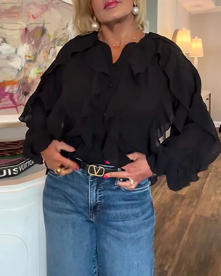 Women's semi-transparent layered ruffle blouse made of chiffon with balloon sleeves and hidden button placket StylebySassy