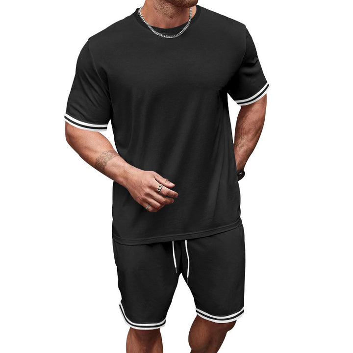 Men's casual jersey set consisting of short-sleeve shirt and bermuda shorts with contrasting stripes, elastic waistband, and insert pockets StylebySassy