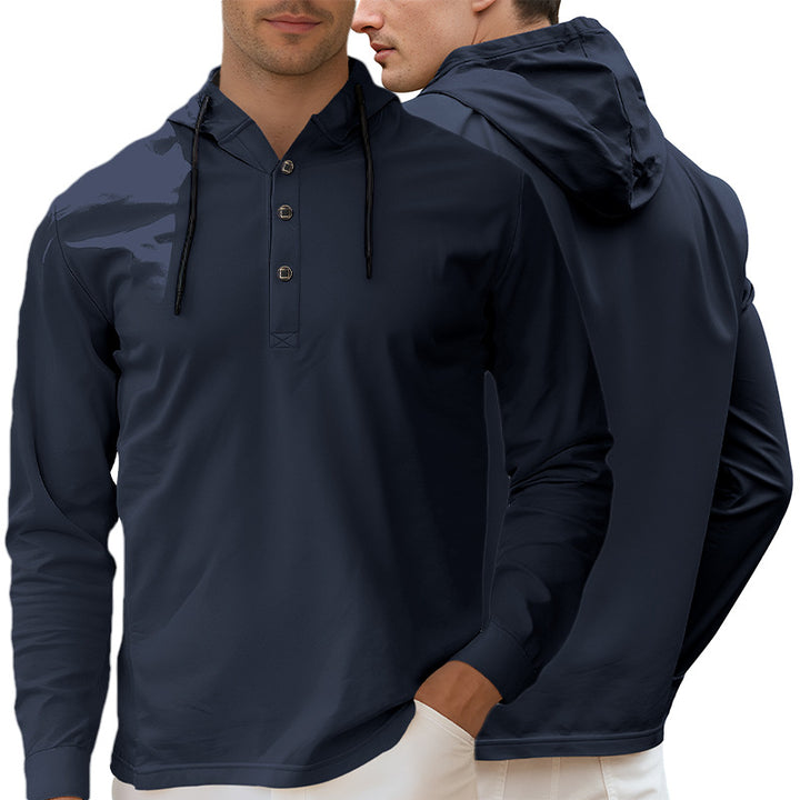 Men's Hooded Henley Long Sleeve Shirt made of lightweight stretch jersey with drawstring StylebySassy