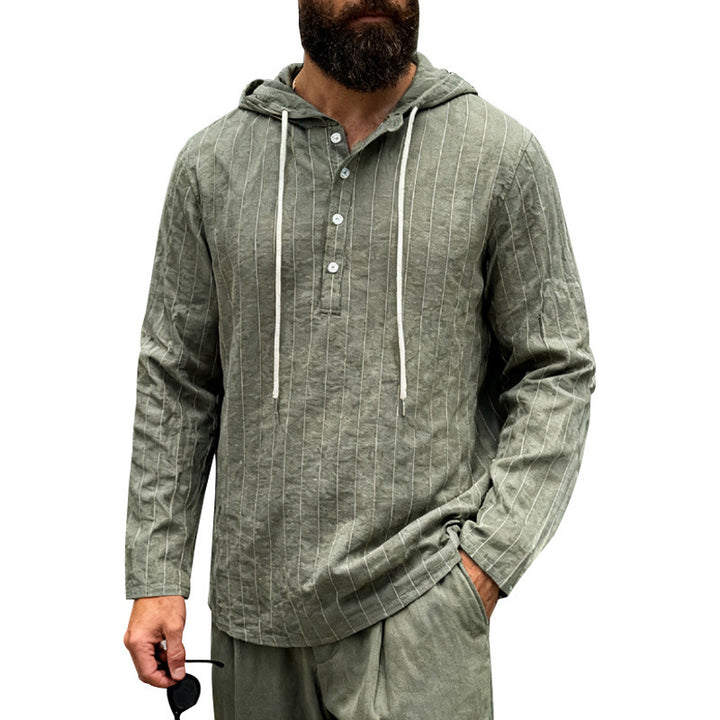Men's linen blend hoodie shirt with half button placket and pinstripes StylebySassy