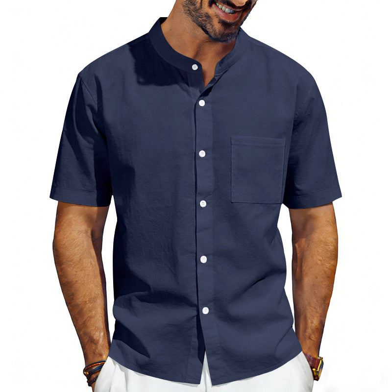 Men's short-sleeved linen shirt with stand-up collar and chest pocket StylebySassy