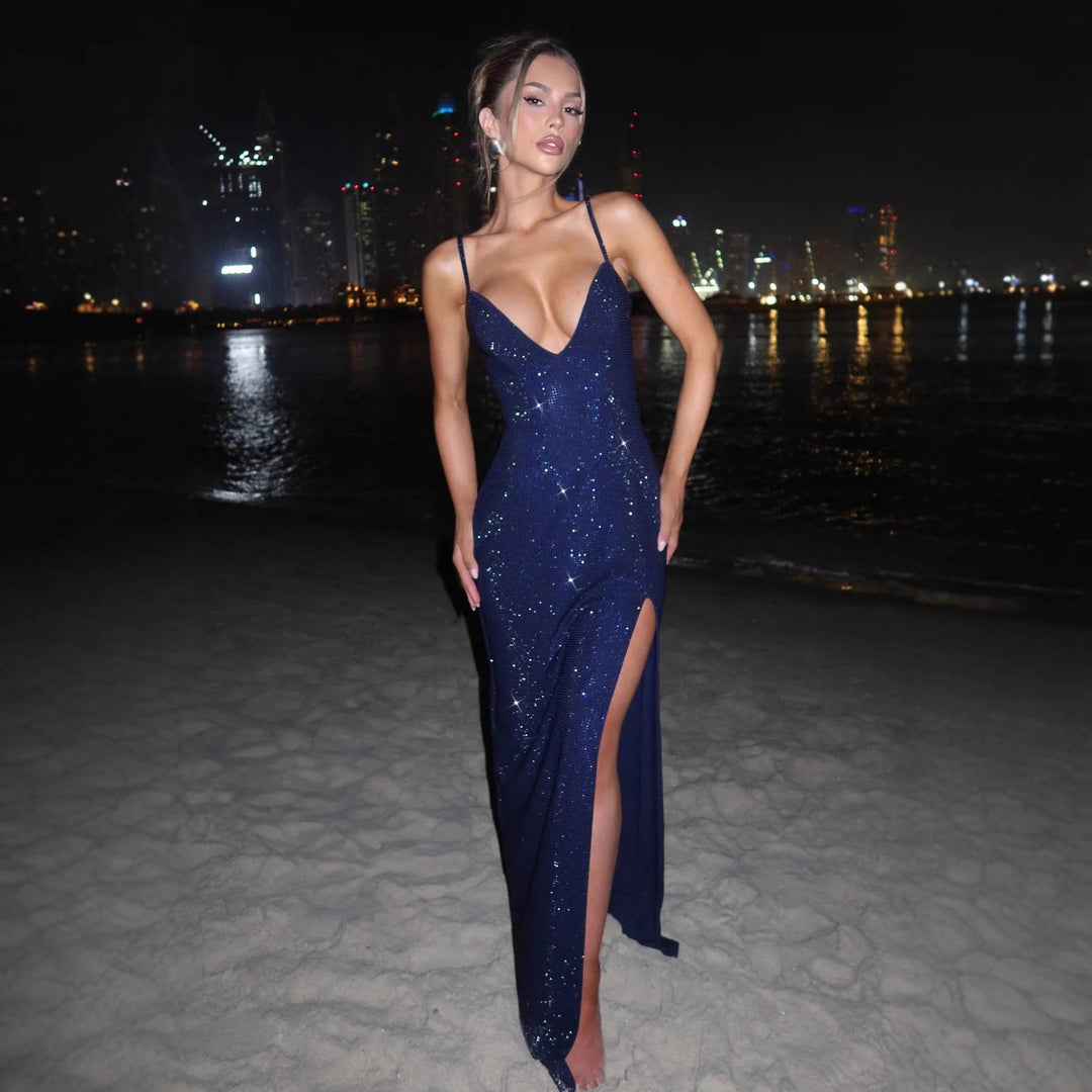 Ladies Glamorous Maxi Dress with Deep V-Neck and Shining Sequins