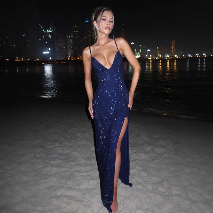Ladies Glamorous Maxi Dress with Deep V-Neck and Shining Sequins