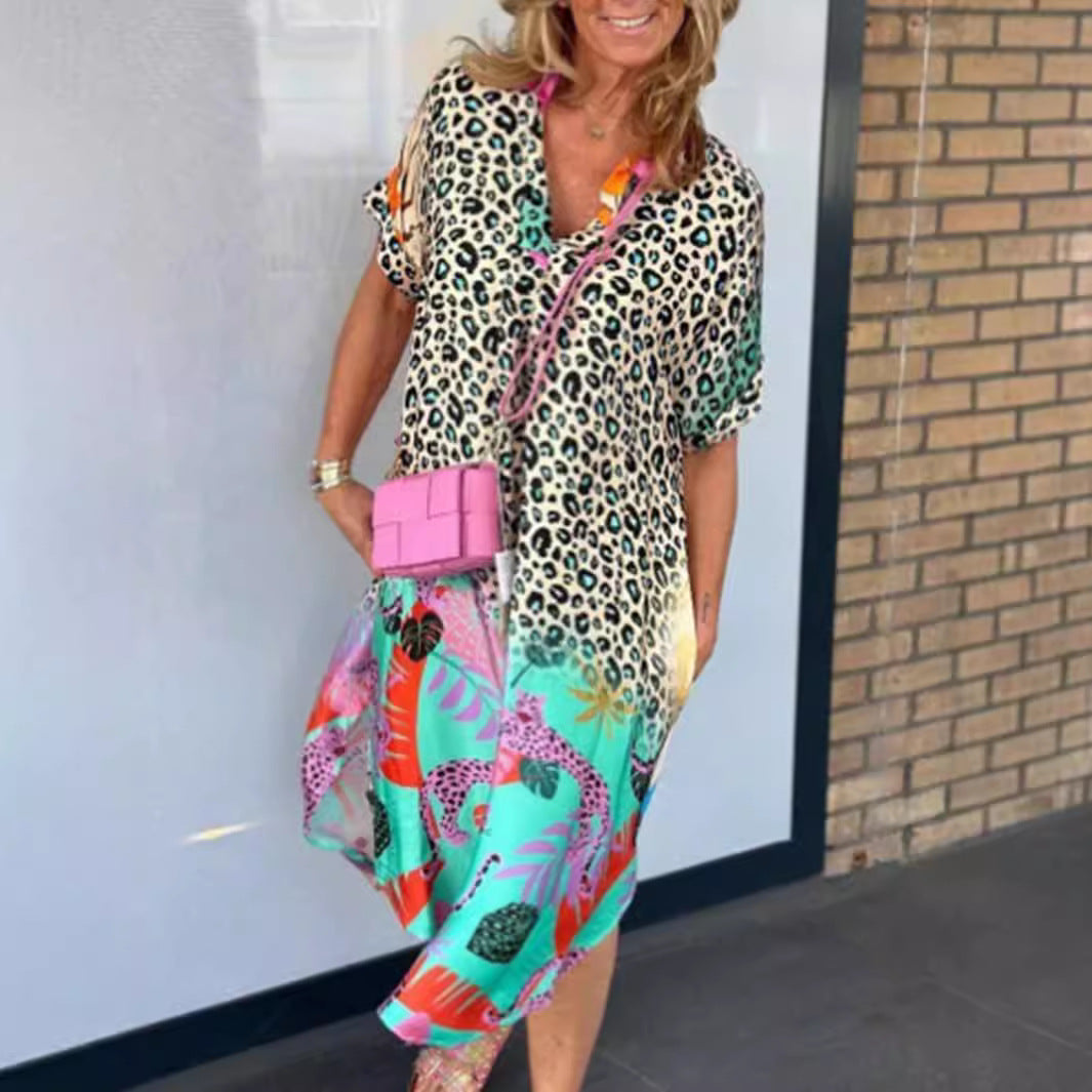 Women nano locker fitted V-neck midi dress with leopard print and tropical motif StylebySassy