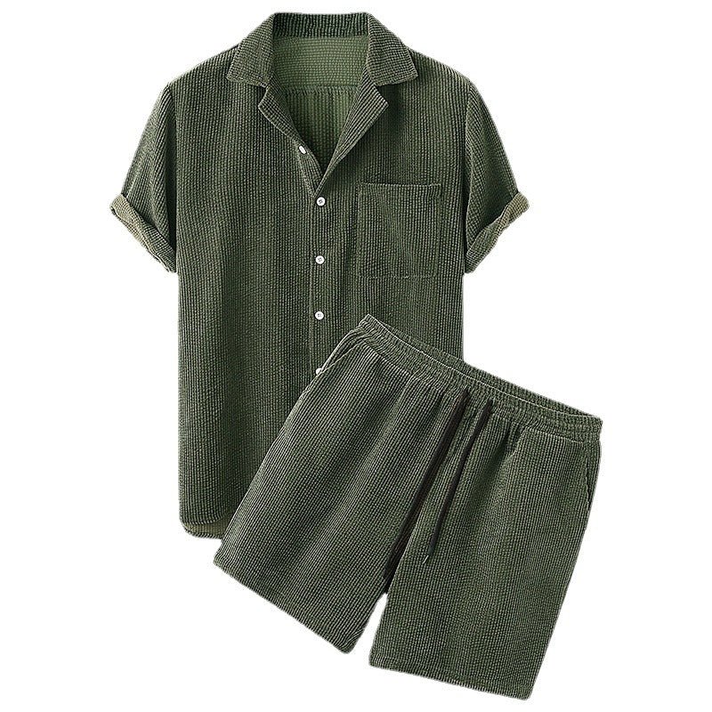 Men's short-sleeve leisure set with waffle texture, lapel collar and drawstring pants StylebySassy