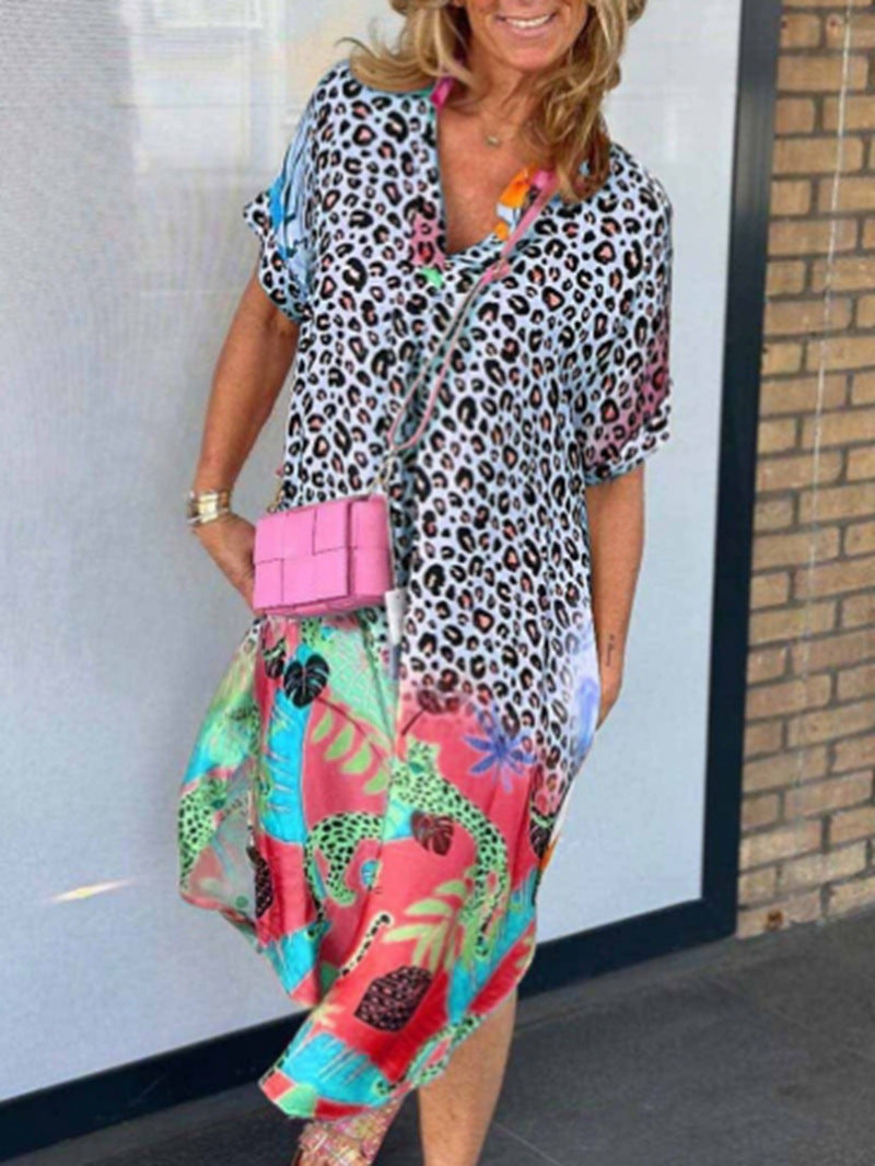 Women nano locker fitted V-neck midi dress with leopard print and tropical motif StylebySassy