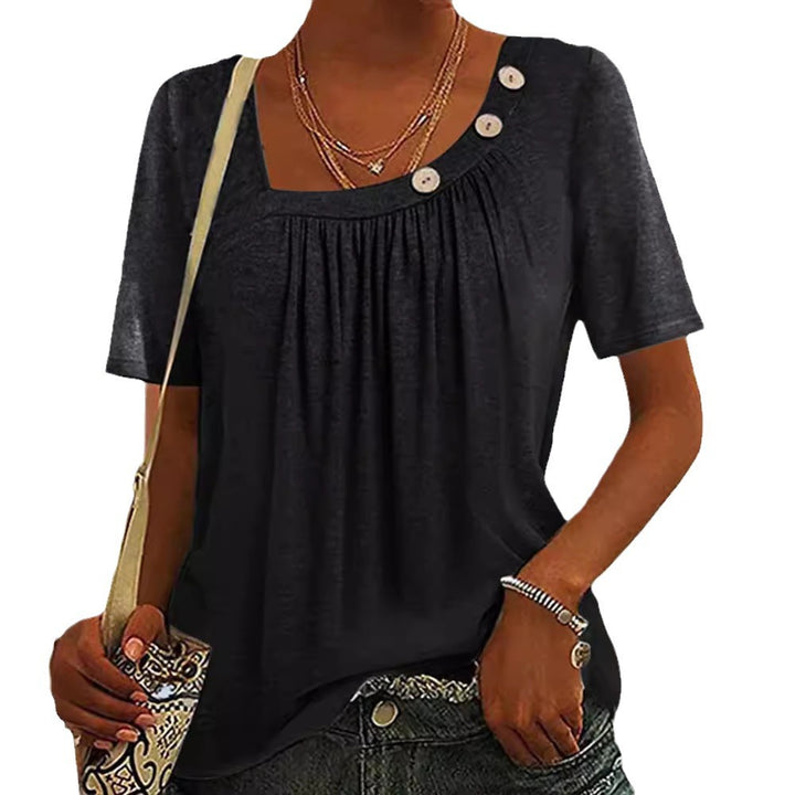 Women's boxy short-sleeve shirt with square neckline, gathered bust area and decorative button detail StylebySassy