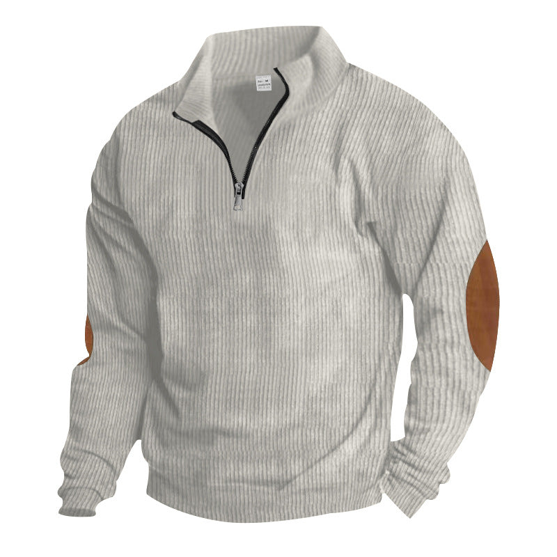 Men's knitted fine knit pullover with short zipper stand-up collar and leather-look elbow patches StylebySassy