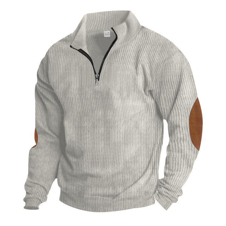 Men's knitted fine knit pullover with short zipper stand-up collar and leather-look elbow patches StylebySassy