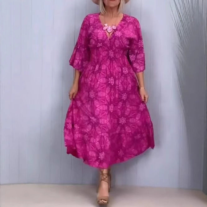 Women's flowing kaftan midi dress with V-neck, loose silhouette, tiered skirt, and three-quarter sleeves StylebySassy
