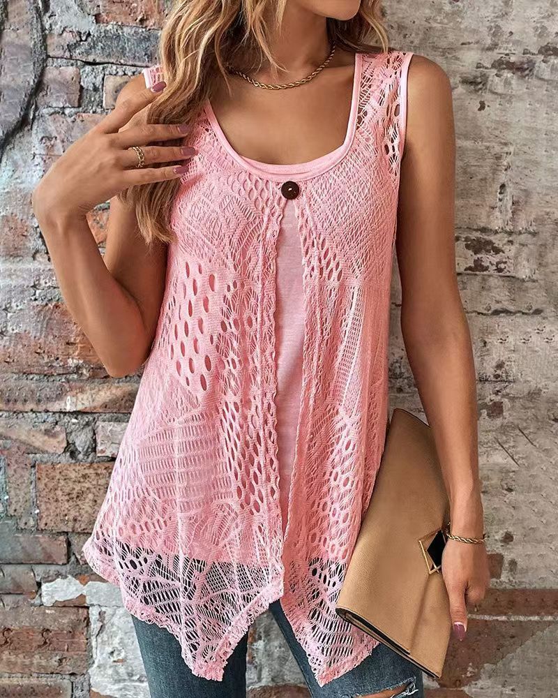 Women's two-layer crochet overlay with jersey inner top, single-button closure and asymmetrical hem StylebySassy