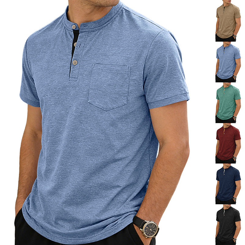 Men's structured cotton henley shirt with short stand-up collar button placket and chest pocket StylebySassy