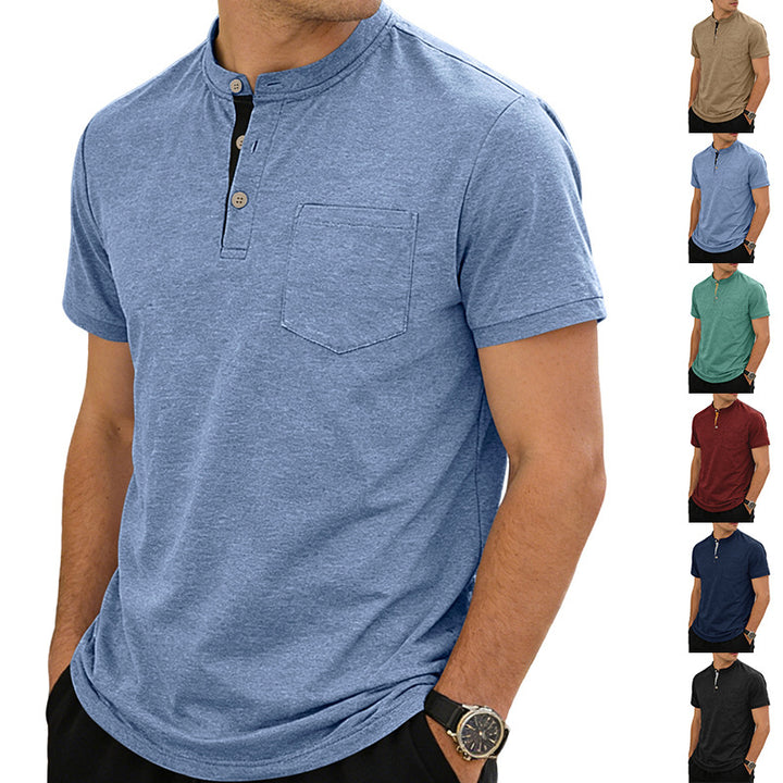 Men's structured cotton henley shirt with short stand-up collar button placket and chest pocket StylebySassy