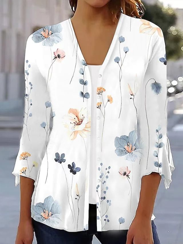 Women's light chiffon blouse with watercolor flower print, V-neck, button placket and three-quarter sleeves StylebySassy