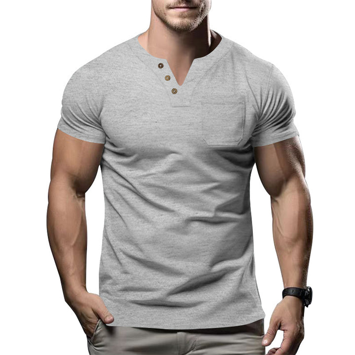Men's body-hugging cotton stretch short-sleeve shirt with split V-neck, decorative button placket, and chest pocket StylebySassy