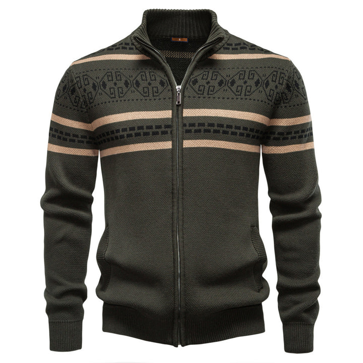 Men's knitted jacket with full zipper, stand-up collar and Nordic geometric intarsia pattern StylebySassy