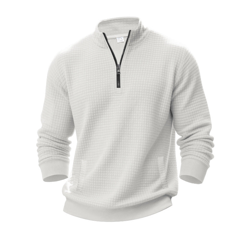 Men's waffle texture half-zip pullover with stand-up collar and subtle side pockets StylebySassy