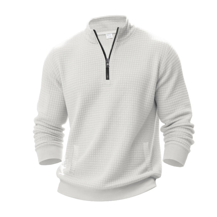 Men's waffle texture half-zip pullover with stand-up collar and subtle side pockets StylebySassy