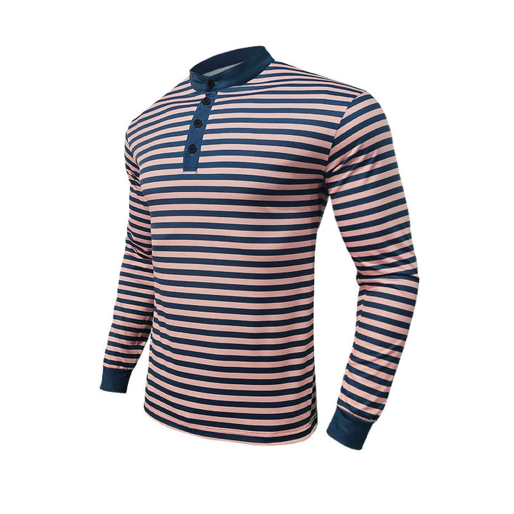 Men's striped long-sleeve Henley shirt with stand-up collar, slim fit and elastic cotton mix StylebySassy