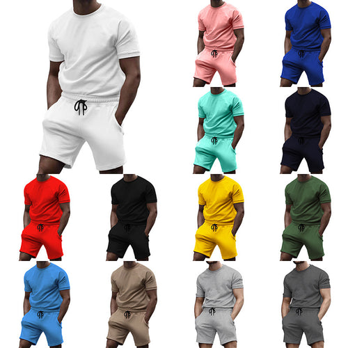 Men's short-sleeve sweat set made of soft sweatshirt fabric with a round neck shirt and drawstring shorts StylebySassy