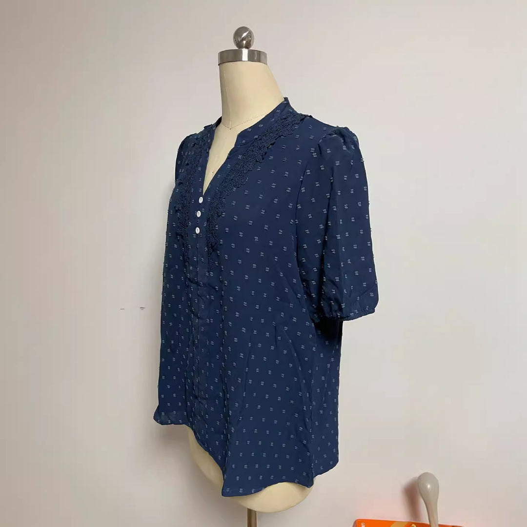 Women's semi-transparent Dobby blouse with stand-up collar, crochet trim, and puff sleeves StylebySassy