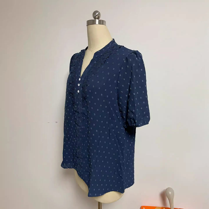 Women's semi-transparent Dobby blouse with stand-up collar, crochet trim, and puff sleeves StylebySassy