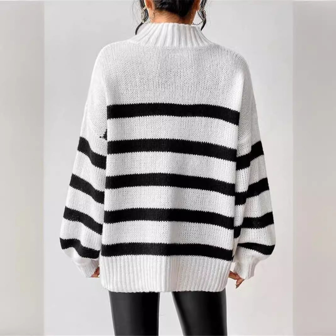 Women's Sweater | Ribbed Collar Striped Design