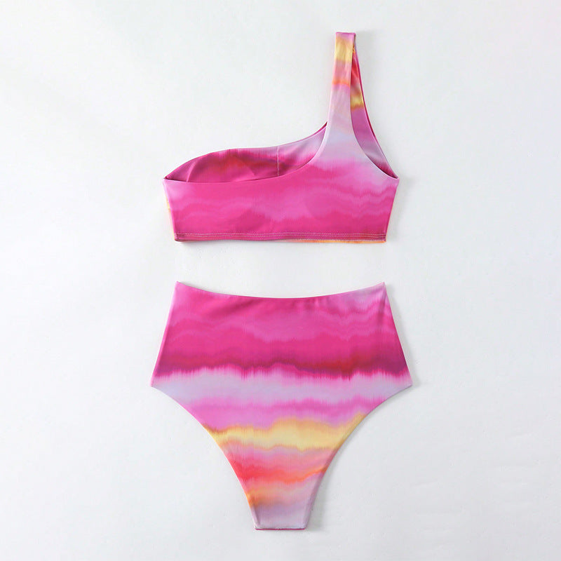 Women High-Waisted Bikini Set with Asymmetrical Top and Colorful Gradient StylebySassy