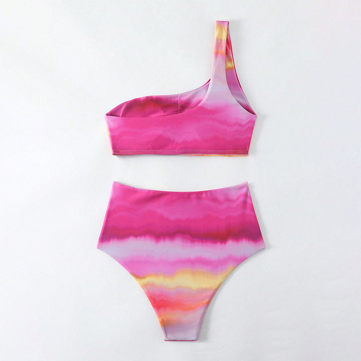 Women High-Waisted Bikini Set with Asymmetrical Top and Colorful Gradient StylebySassy