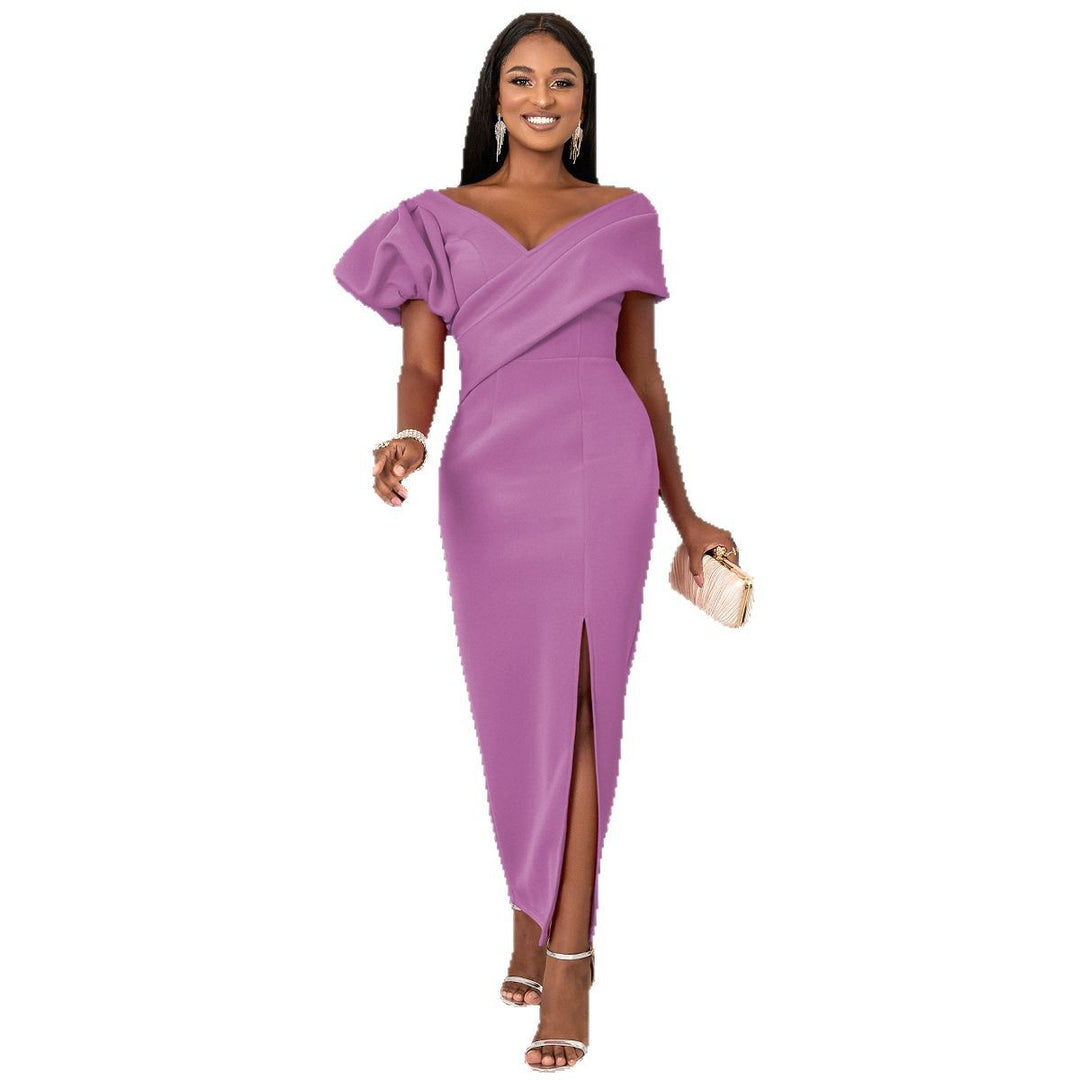Women Elegant, figure-hugging evening dress with asymmetrical neckline and puff sleeves StylebySassy