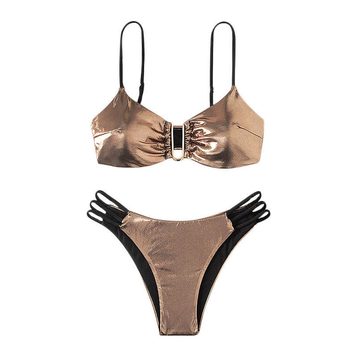 Women's bikini set with intricate lace-up look and golden accents StylebySassy
