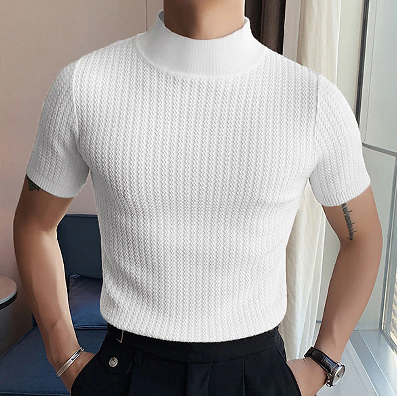 Men's short-sleeve stand-up collar fine knit shirt with fine ribbed structure StylebySassy