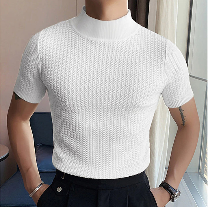 Men's short-sleeve stand-up collar fine knit shirt with fine ribbed structure StylebySassy