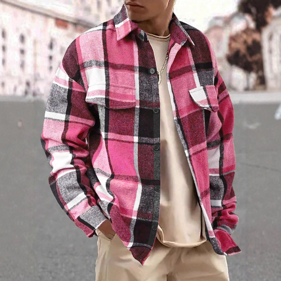 Men's oversized check shirt jacket made of soft flannel with patch chest pockets StylebySassy