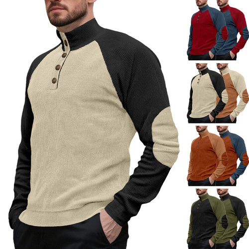 Men's two-tone ribbed troyer with asymmetrical button placket and velour elbow patches StylebySassy