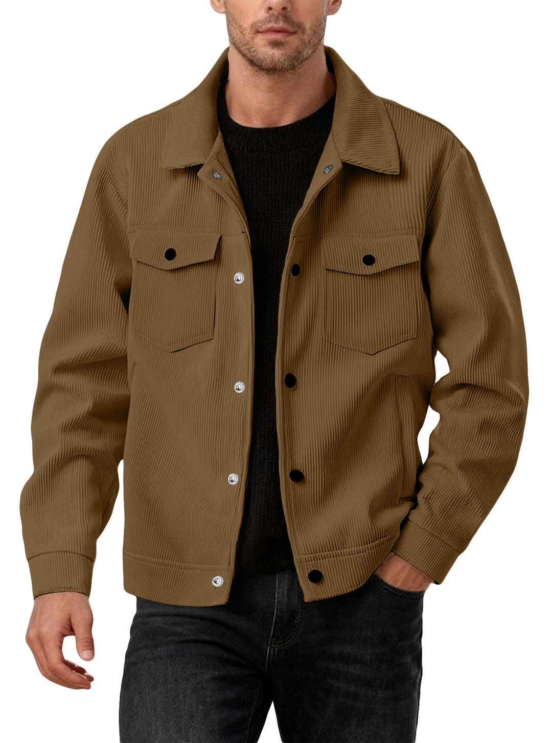 Men's cord jacket in the classic work jacket style with snap buttons and chest pockets StylebySassy