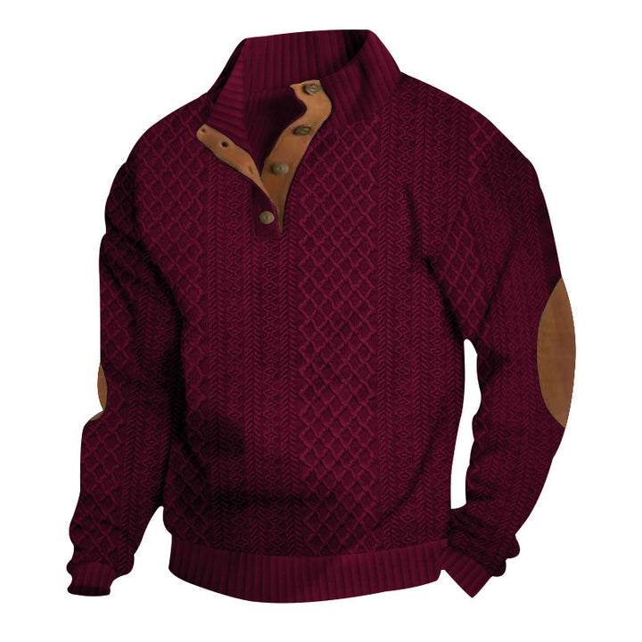 Men's cable knit turtleneck with stand-up collar, half button placket, and contrasting leather applications StylebySassy