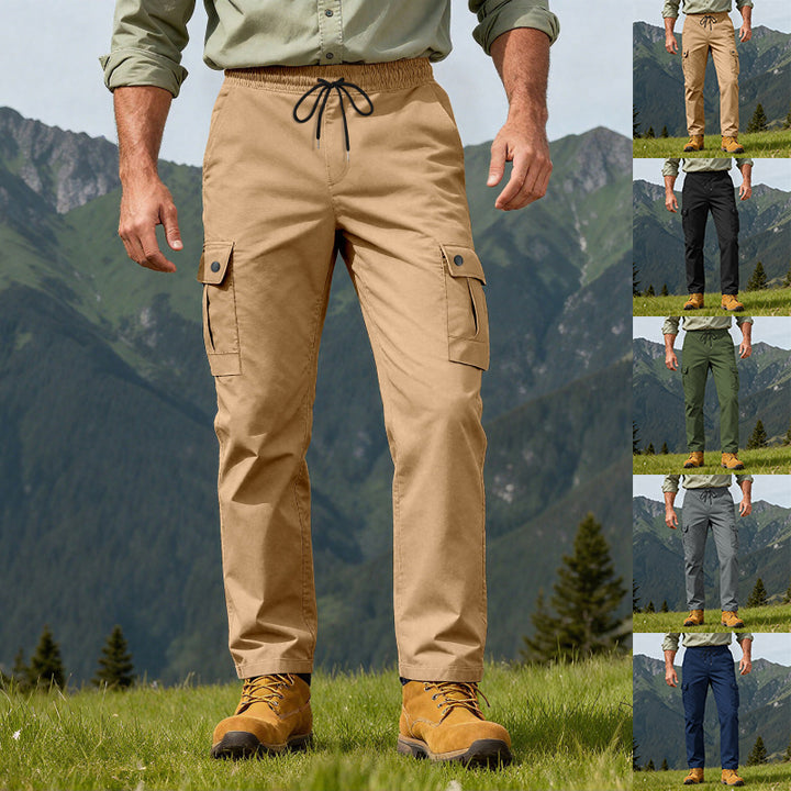 Men's robust leisure cargo pants with elastic waistband drawstring and multiple pockets StylebySassy