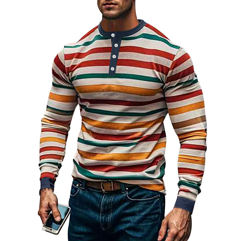 Men's striped long-sleeve Henley shirt with stand-up collar and button placket StylebySassy