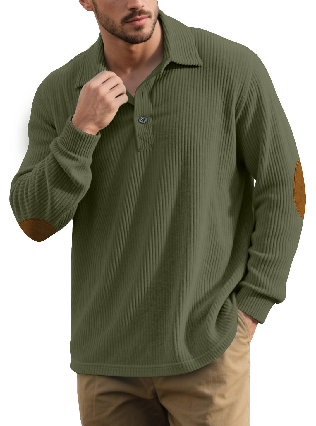 Men's ribbed casual polo with kent collar, short button placket and velour elbow patches StylebySassy