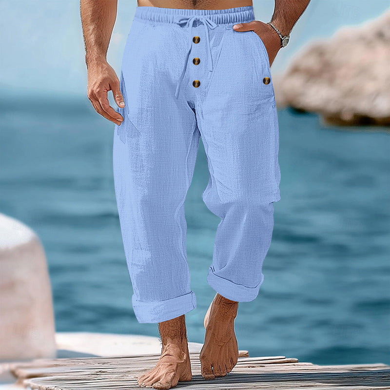 Men's casual linen-cotton pants with elastic waistband, drawstring, and rolled-up hem StylebySassy