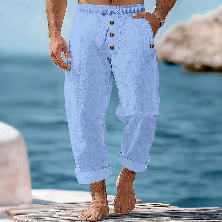 Men's casual linen-cotton pants with elastic waistband, drawstring, and rolled-up hem StylebySassy