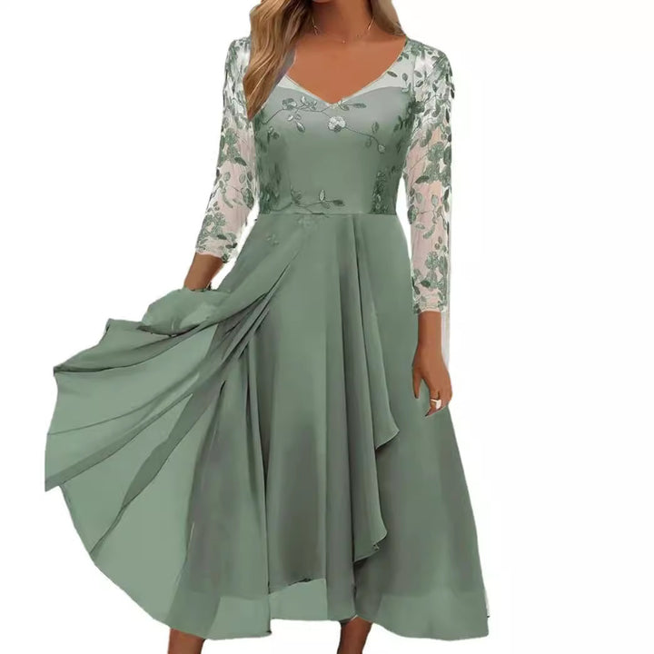 Women's V-neck chiffon midi dress with embroidered bodice, transparent three-quarter sleeves, and asymmetric layered skirt StylebySassy
