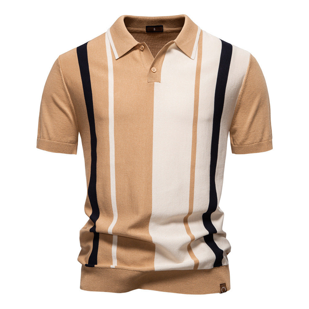 Men's retro-inspired knit polo with vertical intarsia structure and open kent collar StylebySassy