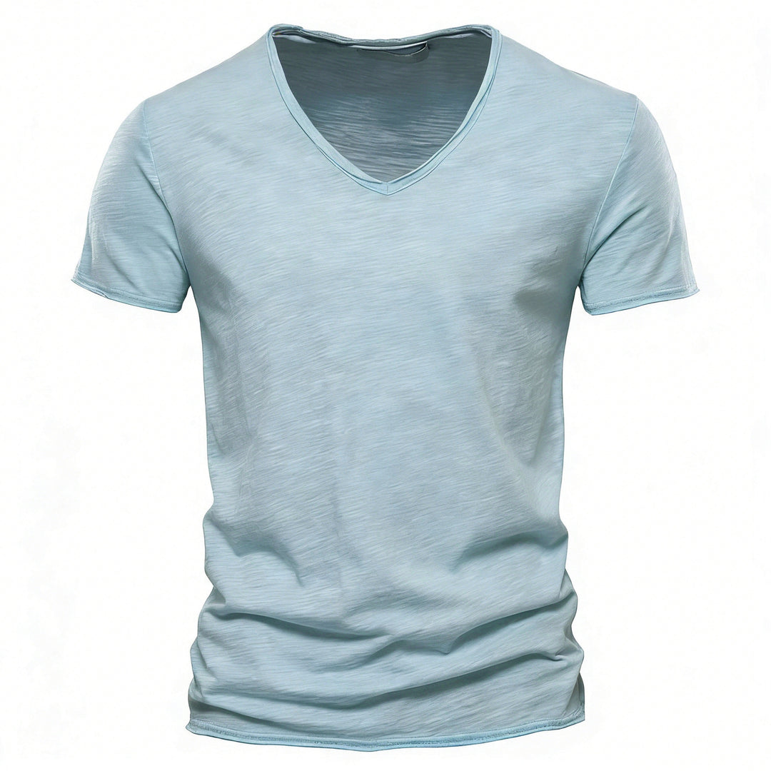 Men's light cotton jersey short-sleeve shirt with V-neck and slim fit StylebySassy