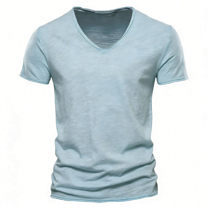 Men's light cotton jersey short-sleeve shirt with V-neck and slim fit StylebySassy