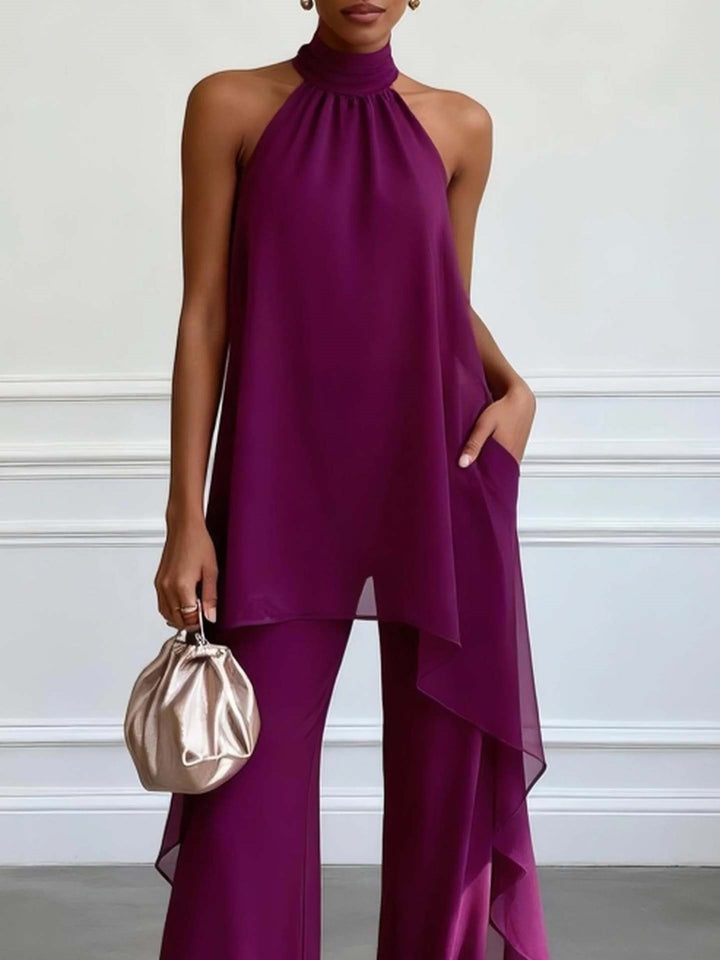 Ladies' elegant evening two-piece with gathered stand collar, asymmetrical ruffle, and flowing flared trousers StylebySassy