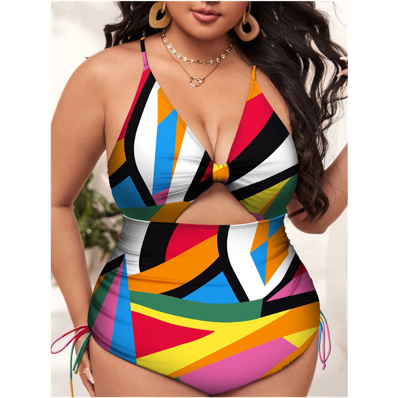 Women's one-piece swimsuit with trendy cut-out and colorful geometric design StylebySassy