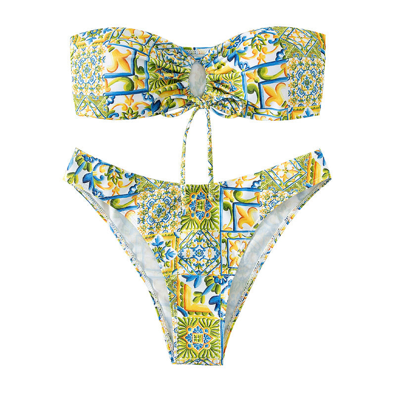 Women's bandeau bikini with sophisticated binding detail and floral print StylebySassy