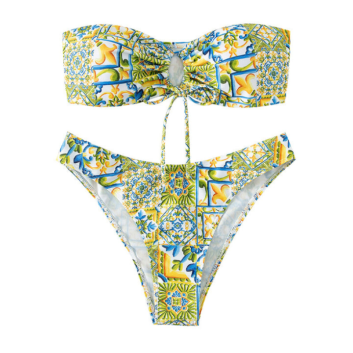 Women's bandeau bikini with sophisticated binding detail and floral print StylebySassy